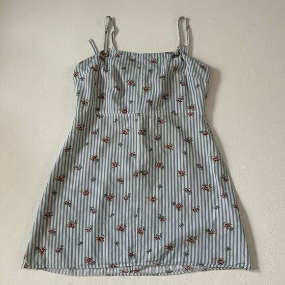 Topshop Striped Floral Mini Dress Blue White US 10 UK 14 Sleeveless Summer - Picture 3 of 6